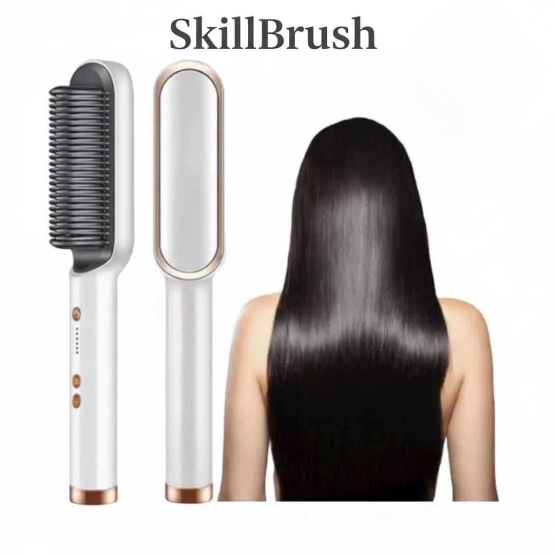 SkillBrush cepillo alisador profesional blanco con resultado cabello liso brillante
