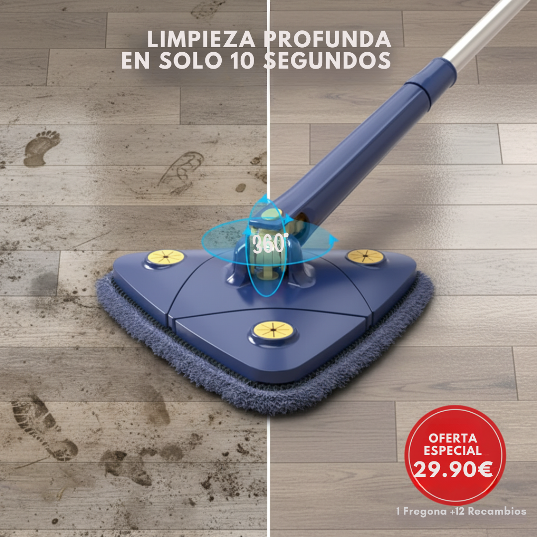 "Fregona triangular limpieza profunda 10 segundos rotación 360 grados antes después"