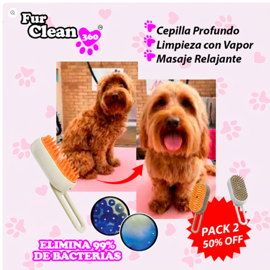 Cepillo FurClean 360 PRO Pack 2 unidades - Elimina 99% bacterias con vapor - Masaje relajante para perros y gatos
